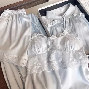 Women’s Casual Satin Pajamas Breathable and Soft Woven Sleepwear with Elastic Waist for Summer Autumn Spring