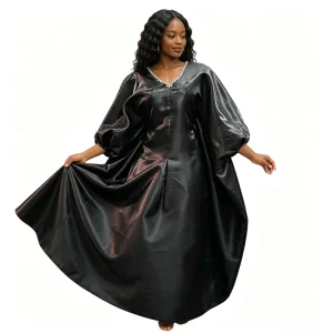 Women’s Casual Shiny Fabric Polyester Extra Large Size Mandarin Collar Solid Color Long Skirt Dress Handmade Loose