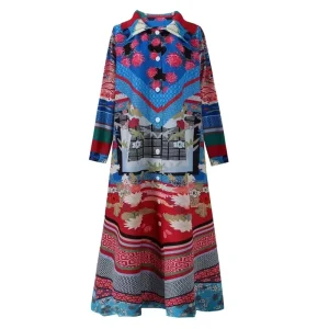 Women’s Casual Shirt Dress Button Long Sleeve Elegant Printed Maxi Pleated Dress