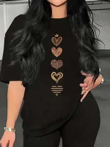 Women’s Casual Short Sleeve T-Shirt with Heart Design Crew Neck T Shirt Summer Outfits Casual Tee Heart Graphic Tops