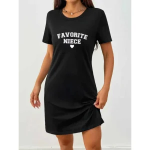 Women’s Casual Short Sleeved Round Neck Sport One Piece Dress Graphic Text Print Elastic Waist Breathable Eco Friendly Front