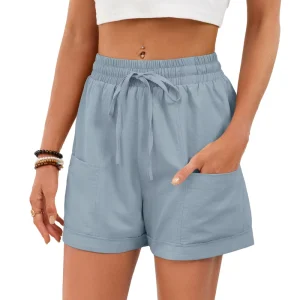 Women’s Casual Shorts Breathable Mid-Waist Comfortable Summer Elastic Waist Shorts with Pockets