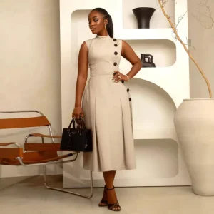 Women’s Casual Sleeveless A-Line Knee-Length Club Dresses Stand Collar Button Decorated Pleated Irregular Slit Simple 100%