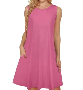 Women’s Casual Sleeveless Tropical Print Swing Mini Dress Round Neck A Line Short Tunic Side Pockets Elastane Vacation Wear