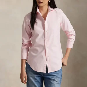 Women’s Casual Slim Fit Oxford Shirt Long Sleeves Point Collar Breathable Knitted Plain Solid Button Spring Summer Autumn