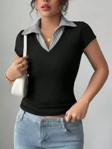 Women’s Casual Slim Fit Summer Top Short Sleeved for Collar T-shirt XL Size Solid Pattern Polyester Knitted