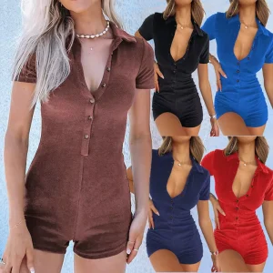 Women’s Casual Solid Color Button Lapel Jumpsuit High Waist Short Sleeved Slim Fit Romper for Summer