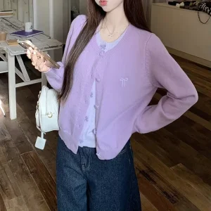 Women’s Casual Solid Color Embroidered Knitted Cardigan with Button Decoration for Spring Season