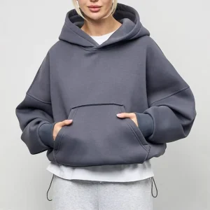 Women’s Casual Solid Color Hooded Sweatshirt Oversized Drawstring Hem Short Pullover Hoodie with Pocket