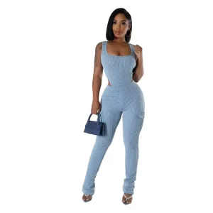 Women’s Casual Solid Color Jumpsuit High Waisted Jumpsuit Sleeveless Elastic Jumpsuit