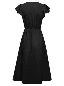 Women’s Casual Solid Color V Neck Waist Defining Ruffled Short Sleeve Dresses