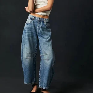 Women’s Casual Solid High-Waisted Baggy Straight Cargo Wide Leg Denim Pants Breathable Loose Vintage Stretchy Jeans