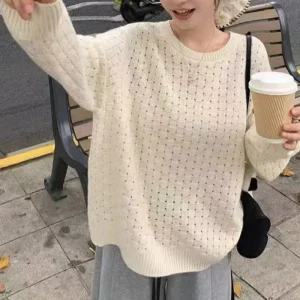 Women’s Casual Solid Knitwear Hoodie Long Sleeve Loose Knitting Style Winter Pullover Top for Autumn Front
