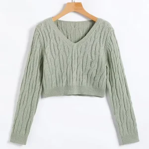 Women’s Casual Solid Lightweight Cable Knit Autumn Vest V-Neck Fashion Collar Loose Pullover Cropped Top