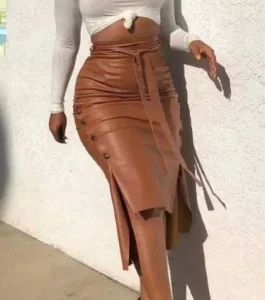 Women’s Casual Solid Pattern PU Leather Midi Skirt Pencil Dress Plus Size Autumn Winter Packaging Hip Front Back Slit for Spring
