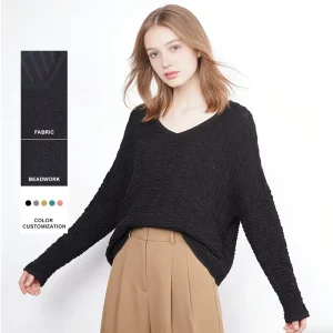 Women’s Casual Solid Sweater OEM ODM Long Sleeved Loose Tops for Autumn Knitted Weaving Method 100% Polyester Batwing Sleeve