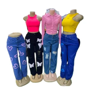 Women’s Casual Spring Graffiti Mid Waist Loose Flare Woven Quick Dry Denim Jeans