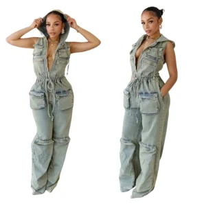 Women’s Casual Spring Hooded Cargo Denim Romper Stylish Sleeveless Stretch Drawstring Waist Straight Cylinder Loose 3D Pocket