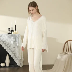 Women’s Casual Spring Knitted Rayon Lace Trim V Neck Pyjama Set Long Sleeve Top and Pants Soft Breathable Loungewear