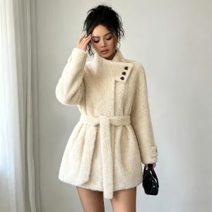 Women’s Casual Stand Collar 100% Pure Wool Curly Teddy Coat Diagonal Button Belted Waist Mid Length Cozy Winter Warm Outerwear