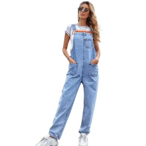 Women’s Casual Straight Leg Denim Jumpsuit Patch Pocket Adjustable Wide Strap Loose Jean Overalls