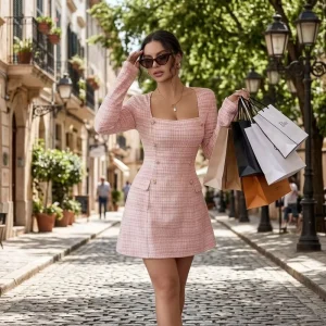 Women’s Casual Streetwear Pink Tweed Plaid Square Neck Long Sleeve Double Breasted Mini Skater Dress Natural Waist Button Detail