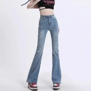 Women’s Casual Stretch Denim High Waist Flared Straight Pants Washed Knitted Solid Regular