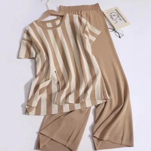 Women’s Casual Striped Slit Knitted Pullover and Pants Set Summer Autumn Winter Two Piece Knitwear Set