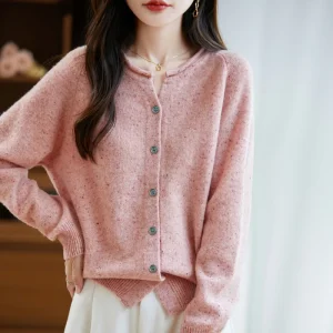 Women’s Casual Style 100% Pure Wool Knit Cardigan Floral Print Pullover Coat with Button Fastening for Autumn