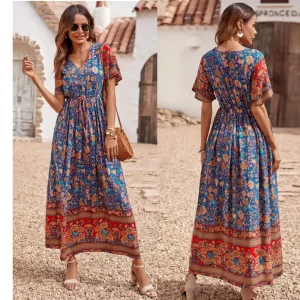Women’s Casual Summer Boho Floral Print Dress V Neck Short Sleeve High Waist Long Maxi Beach Dresses