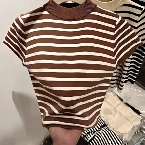 Women’s Casual Summer Crop Top One Size Regular O-Neck Short-Sleeved Striped Knitted Polyester Breathable Quick Dry