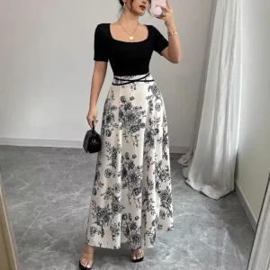 Women’s Casual Summer Dress, Solid Color Slimming French Floral Long Outer Wear Polyester Spandex O-Neck Short