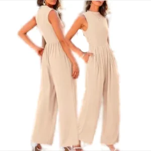 Women’s Casual Summer Fitness Jumpsuits One Piece Sleeveless Wide Leg Long Pant Rompers with Pockets Knitted Overalls