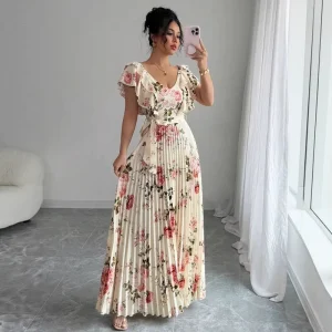 Women’s Casual Summer Maxi Dress V Neck Floral Print A Line Pleated Casual Dresses Washable Customize Fabric for Resorts