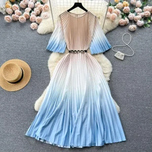 Women’s Casual Summer Maxi Dress with Short Sleeves Floral Pleated Modest Dress in Solid Color