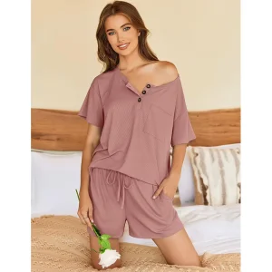 Women’s Casual Summer Ribbed Knit Pajamas Soft 2 Piece Lounge Set with Short Sleeve Shorts Perfect Loungewear