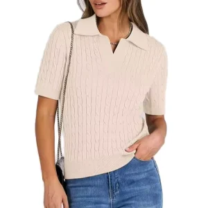 Women’s Casual Summer Solid Color Knitted T shirt Breathable Short Sleeved Pullover with Lapel Twisted Cropped Sweater Top
