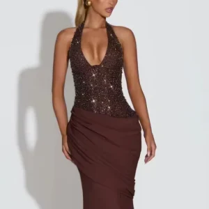 Women’s Casual Summer Woven Anti-static Natural Waist Shiny Solid Halter Neck Long Maxi Dress Sexy Party