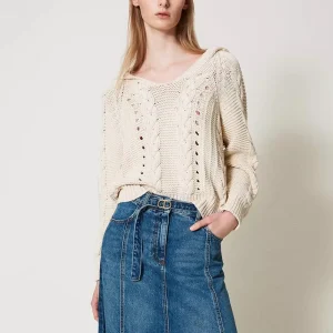 Women’s Casual Sweater 100% Cotton Spring Autumn Long Sleeves Pullover Cable Knit Hooded Jumper