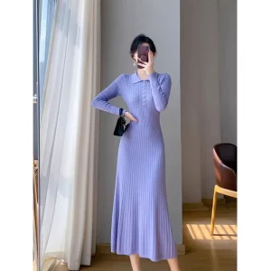 Women’s Casual Sweater Dress Polo Neck Long Sleeve Waisted A-Line Knit Long Dresses Free Size