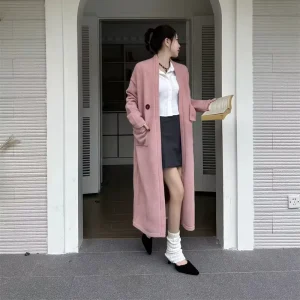 Women’s Casual Thick V neck Long Style Knee Knitted Cardigan Sweater Jacket Early Autumn Winter Simple Button Buckle Design 42%