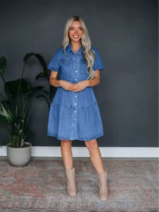 Women’s Casual Tiered Denim Shirt Dress Short Sleeve Button Down Jean Mini Dress with Pockets for Summer Fashion