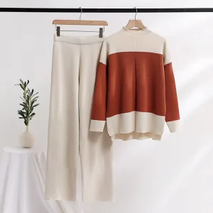 Women’s Casual Two-Piece Set Spring Fashion Loose Knitted Silk Pullover Sweater Pants Suit Solid Front Anti-Pilling Breathable