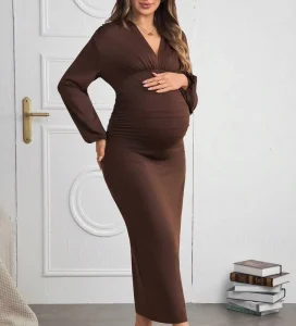 Women’s Casual V Neck Long Sleeve Solid Maternity Dress Comfortable and Sexy Clothing Set