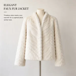 Women’s Casual V neck Chevron Pattern Faux Fur Coat Open Front Cropped Straight Fit Warm Winter Outerwear