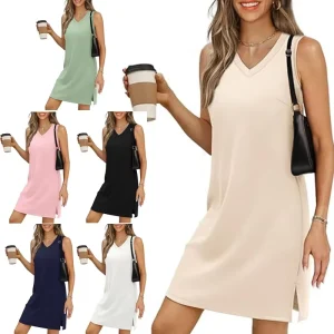 Women’s Casual V neck Sleeveless Hem Split Solid Color Polyester Summer Vest Dress