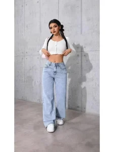 Women’s Casual Vintage Light Blue High Waist Loose Wide Leg Elegant Comfortable Daily Trousers