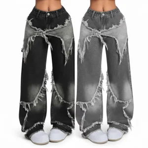 Women’s Casual Vintage Mid Waist Frayed Straight Leg Loose Fit Denim Jeans Patchwork Breathable Pants