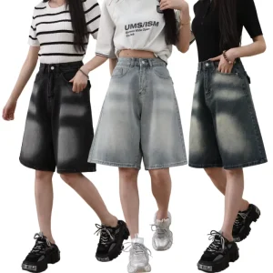 Womens Casual Vintage Washed Denim Shorts Loose Fit Straight Breathable Knitted Fabric Mid Waist Summer Autumn Spring Streetwear