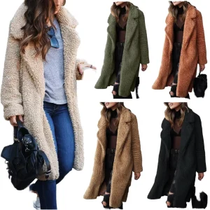 Women’s Casual Warm Long Sleeve Plush Teddy Coat New Fall Collection Plain Dyed Overcoat Jacket